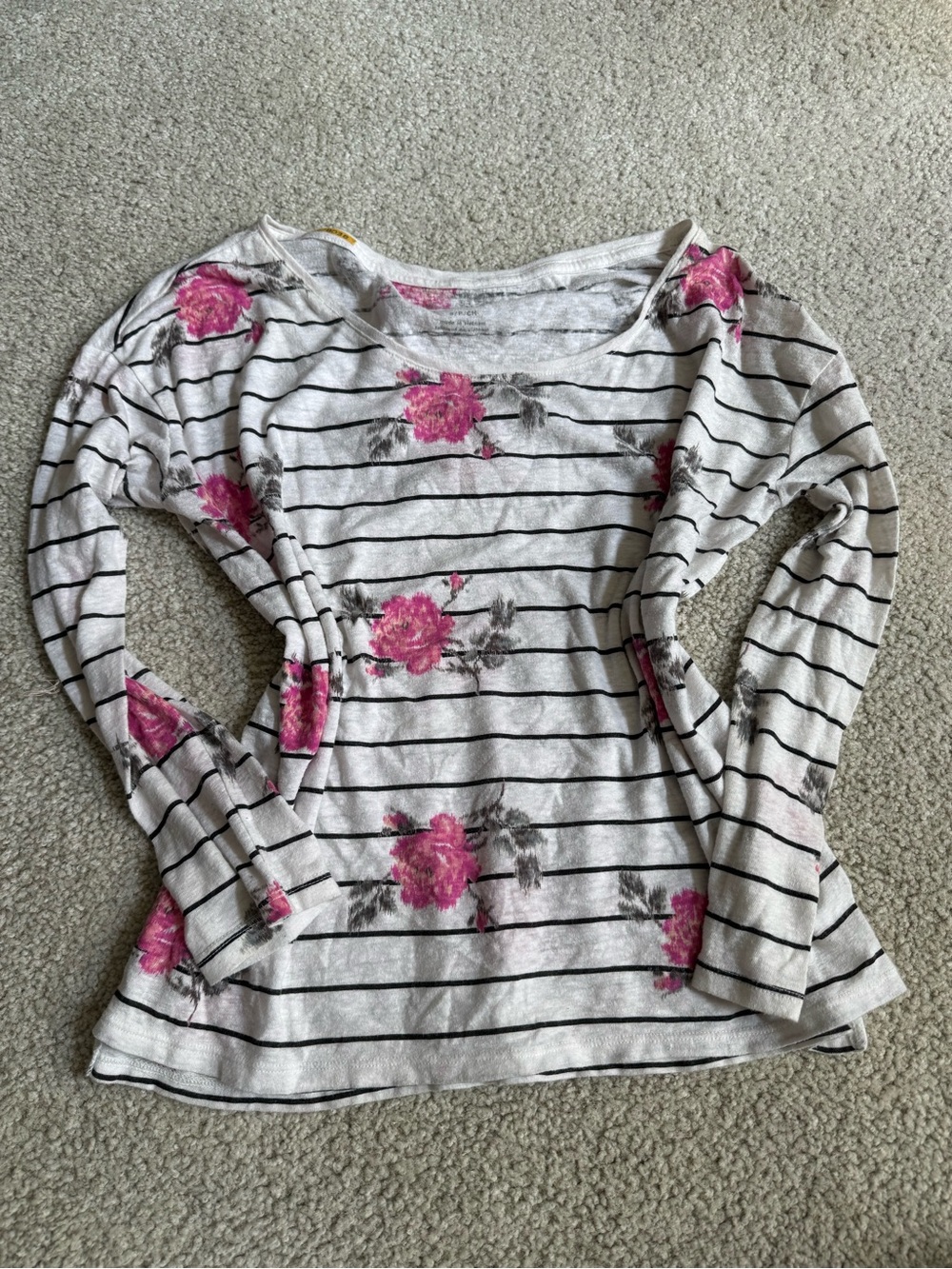 American Eagle Outfitters Cream Striped Long Sleeve Top with Pink Floral y2k